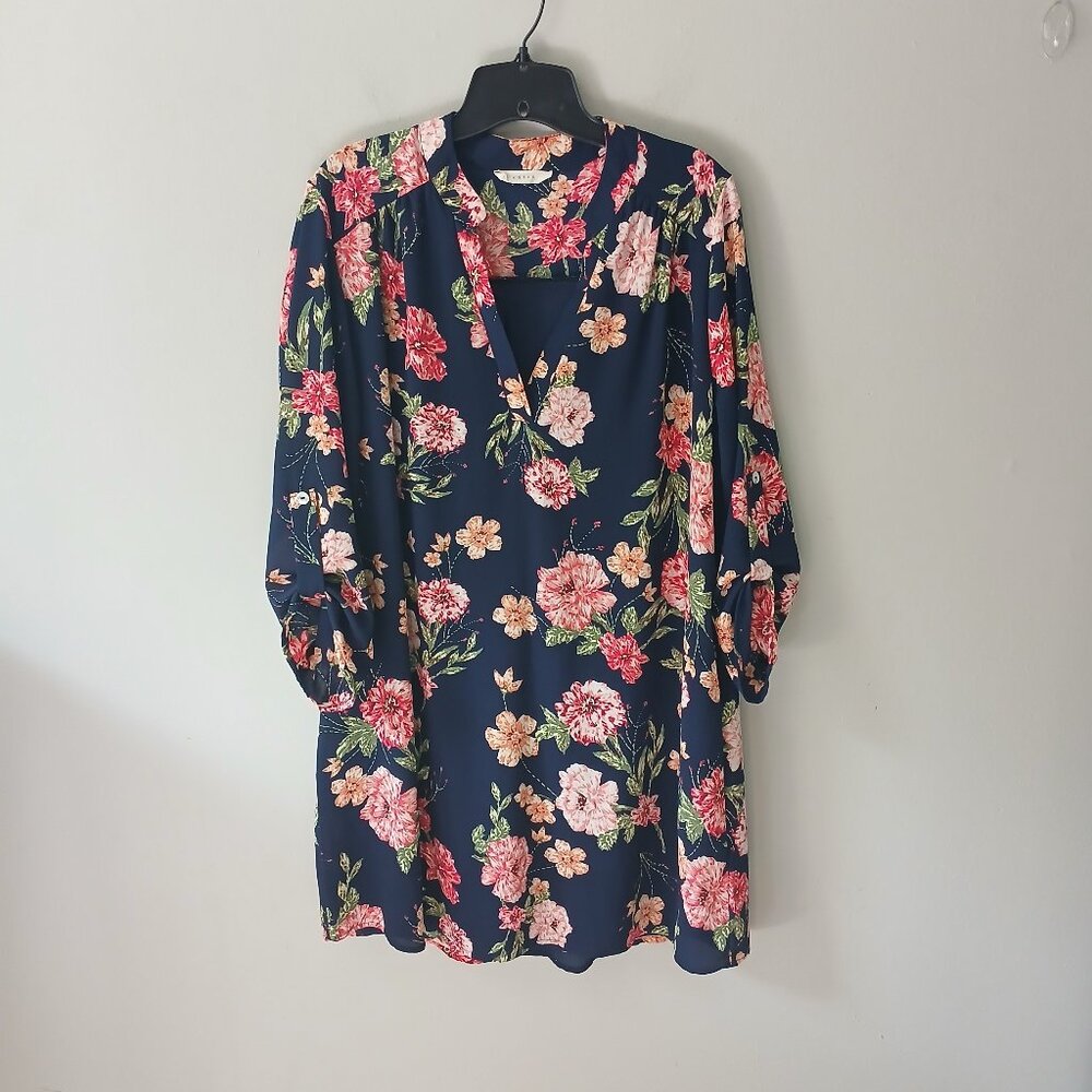 Anthropologie Entro Women's Size Large Dress 3/4 Sleeve Floral Mini Lined V-neck